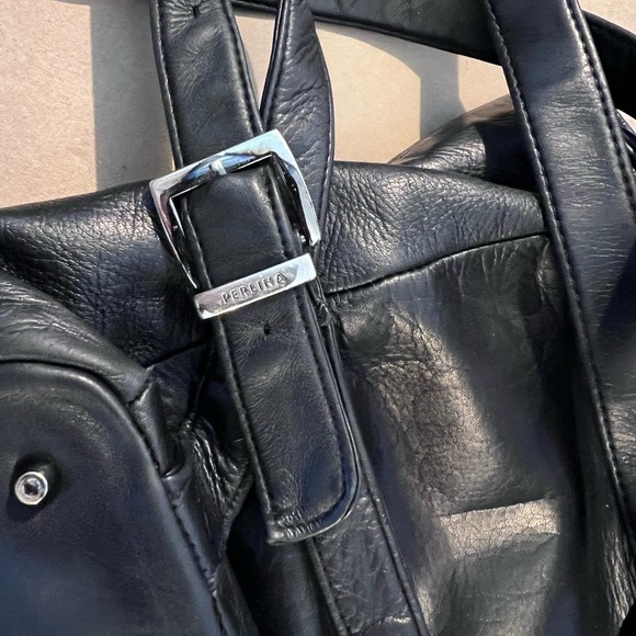 Perlina NY Black Leather Drawstring Magnetic Flap Closure Backpack Backzip Entry main image 5